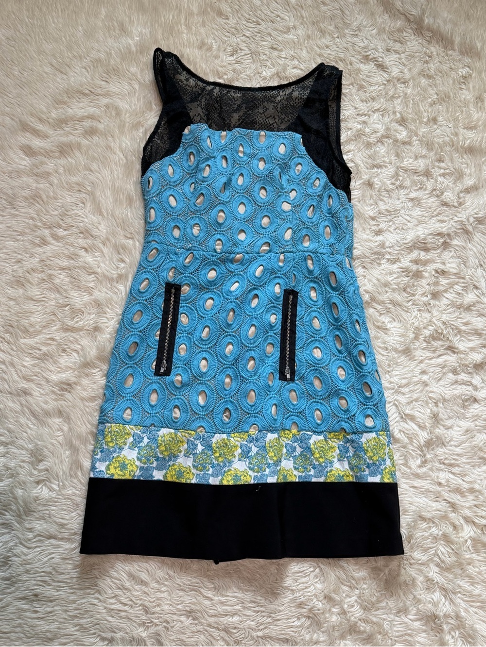 Tracy Reese Blue Eyelet Lace Sheath Dress with Mesh Illusion and Zip Detail - 2